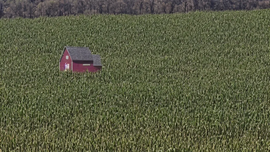 Prompt: A house in a field of corn. Medium shot angle.