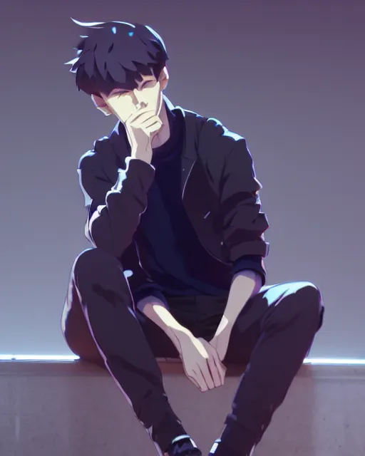 Image similar to a handsome man wearing fashionable street attire, sitting down casually, square masculine facial features, short messy hair, intimidating appearance, 3 d octane render, unreal engine 5, ultra high detail, cel shaded, trending on pixiv fanbox, by greg rutkowski makoto shinkai takashi takeuchi studio ghibli, akihiko yoshida