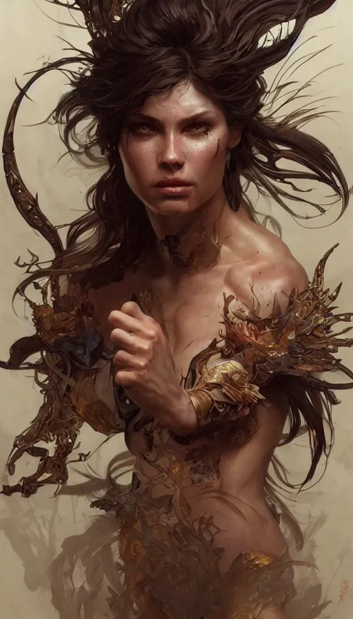 Prompt: savage beauty, sweaty, dynamic action pose, insane, intricate, highly detailed, digital painting, artstation, concept art, smooth, sharp focus, illustration, Unreal Engine 5, 8K, art by artgerm and greg rutkowski and alphonse mucha