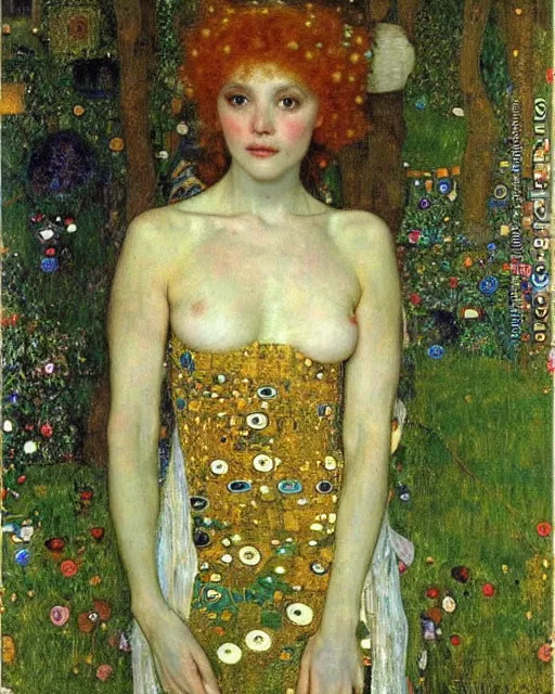 Image similar to an elf princess by Gustav Klimt and edgar maxence