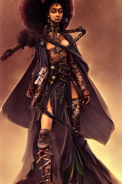 Image similar to beautiful steampunk african girl with a large afro holding samurai sword. wearing cloak, tight futuristic armor, artgerm, trending on artstation, character concept art, bokeh