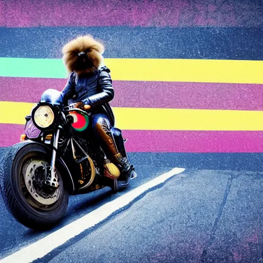 Image similar to wide angle full body, jacket wearing fluffy cute rainbow kitten wearing a black leather motorcycle jacket, riding on a motorcycle, cinematic concept art