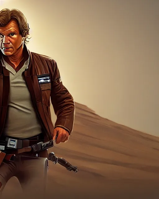 Image similar to portrait of han solo on the millennium falcon, harrison ford,, star wars, gta v, hyper realistic, ambient lighting, concept art, intricate, hyper detailed, smooth, action, volumetric lighting, george lucas, ralph mcquarrie, octane