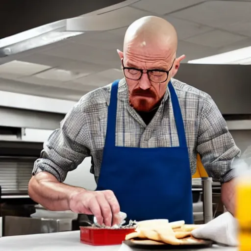 Image similar to walter white cooking meth at a table in a mcdonalds