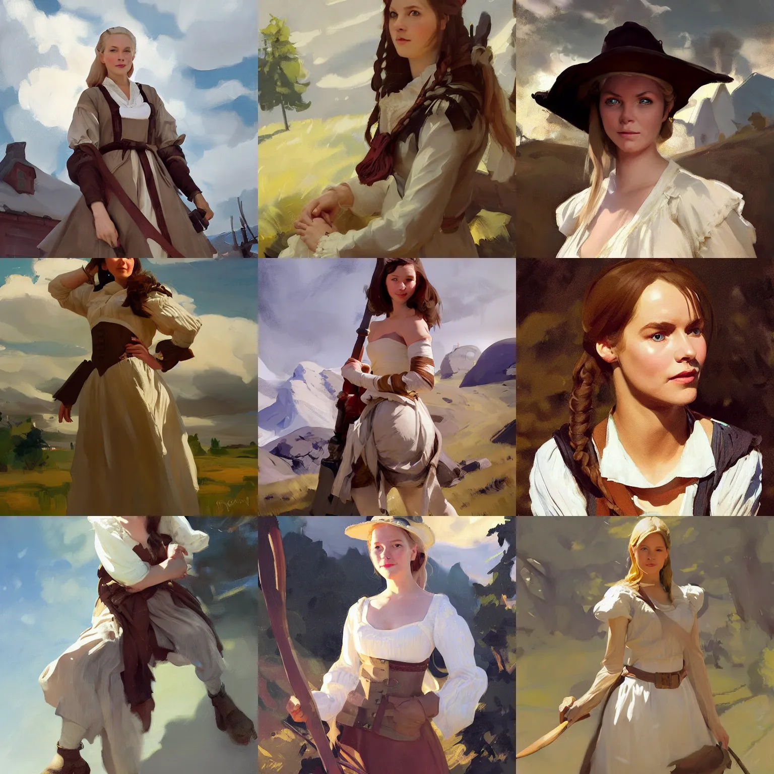 Prompt: portrait of finnish norway scandinavian attractive 1 8 th century village maiden in the field jodhpurs greg manchess painting by sargent and leyendecker, studio ghibli, fantasy, medium shot, asymmetrical, intricate, elegant, matte painting, illustration, hearthstone, by greg rutkowski, by greg tocchini, by james gilleard, by joe fenton