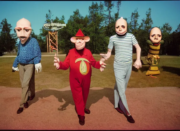 Image similar to dramatic color photo of dadcore occult wizards on vacation by basil wolverton at pedroland park by robert crumb by william eggleston by annie leibovitz, detailed and creepy, fujifilm velvia 5 0, color photography, sigma 2 8 mm