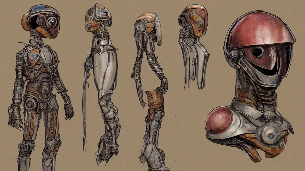 Image similar to aged paper, concept art, colorful character sheet for a male extraterrestrial cyborg warlord wearing victorian diving helmet, retrofuture, fantastic planet, moebius, valerian, coherent, illustration, digital art, trending on artstation, hd, 8 k, good lighting, beautiful, rough paper, masterpiece