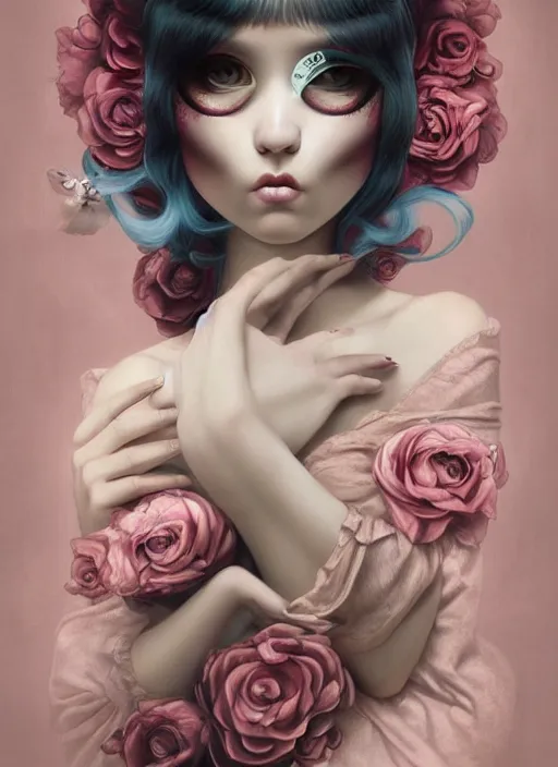 Image similar to pop surrealism, lowbrow art, realistic cute girl painting, japanese street fashion, hyper realism, muted colours, rococo, natalie shau, loreta lux, tom bagshaw, mark ryden, trevor brown style,