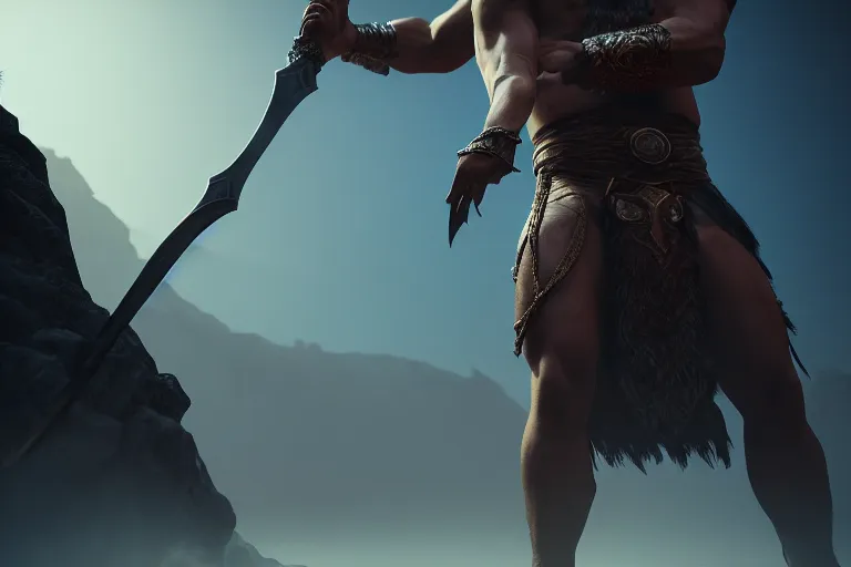 Image similar to biblical cain holding a lance, volumetric lighting, epic composition, hyper detailed, ultra realistic, sharp focus, octane render, volumetric, ray tracing, artstation trending, inspired by conan the barbarian, sense of awe, 4 k