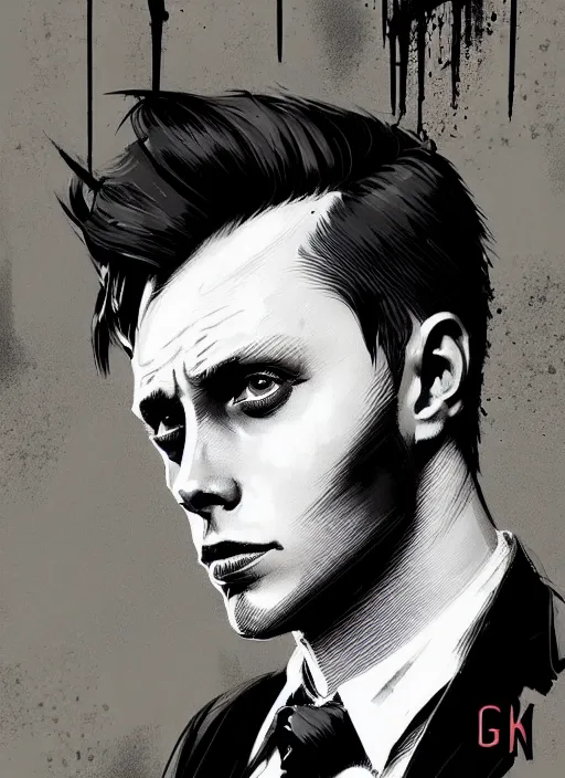 Image similar to highly detailed closeup portrait of martin wallstrom, tyrell wellick, slick back hair wearing suit by atey ghailan, by greg rutkowski, by greg tocchini, by james gilleard, by joe fenton, by kaethe butcher, gradient blue, black and white only color scheme, grunge aesthetic!!! ( ( graffiti tag wall background ) )