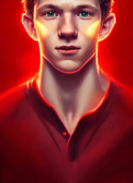 Prompt: portrait of tom holland with hazel eyes, hazel eyes, red shirt, intricate, elegant, glowing lights, highly detailed, digital painting, artstation, concept art, smooth, sharp focus, illustration, art by wlop, mars ravelo and greg rutkowski