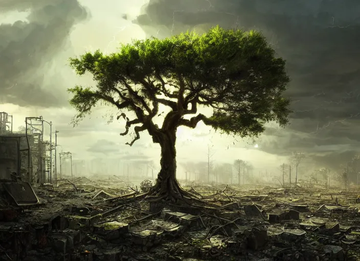 Image similar to oak tree growing in the rubble of a post - apocalypse city wasteland, gray dull background, colorful green leaves, hyperrealistic, very detailed leaves, sharp focus, highly detailed, cinematic, single ray of golden sunlight shinging on the tree, digital art, soft lightning, oil painting by greg rutkowski