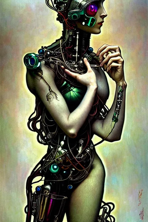 Image similar to young and beautiful evil prismatic cyborg goddess by future steichen in the style of tom bagshaw, alphonse mucha, gaston bussiere, cyberpunk. anatomically correct elegant cybernetic body mods. extremely lush detail. masterpiece. melancholic scene infected by night. perfect composition and lighting. sharp focus. high contrast lush surrealistic photorealism. sultry evil.