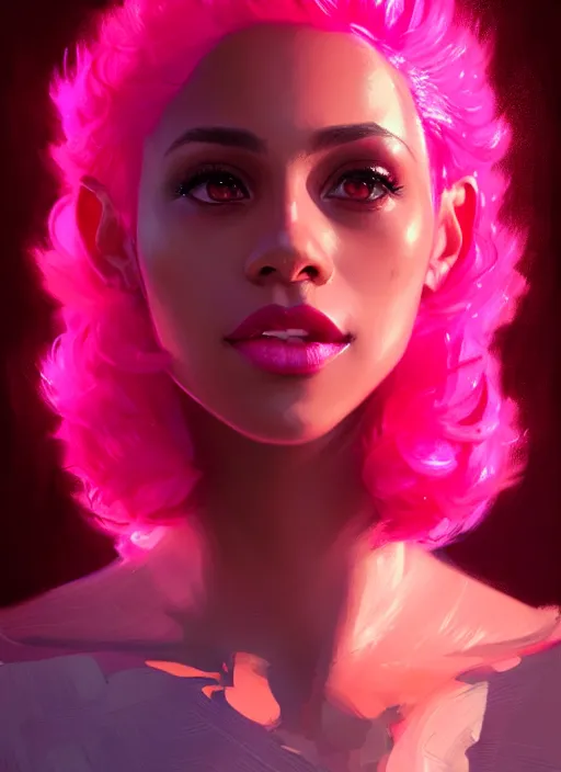 Image similar to portrait of vanessa morgan with bright pink hair, curly pixie cut hair, intricate, elegant, glowing lights, highly detailed, digital painting, artstation, concept art, smooth, sharp focus, illustration, art by wlop, mars ravelo and greg rutkowski