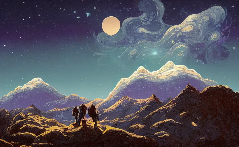 Prompt: mountains, stars and paisley filled sky, artstation, intricate, highly detailed, digital painting, concept art, sharp focus, illustration by Michael Whelan and James Gilleard