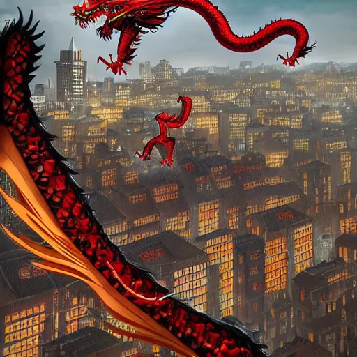 Image similar to Chinese Dragon flying above a bustling city, red gold black colors, fantasy, mythical, beautiful, trending on artstation