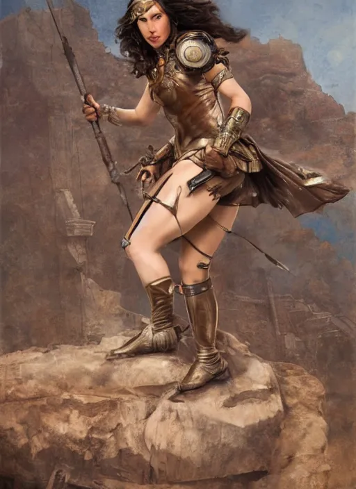 Prompt: highly detailed steampunk gal gadot standing on a boulder : leonardo da vinci, greg rutkowski, magali villeneuve