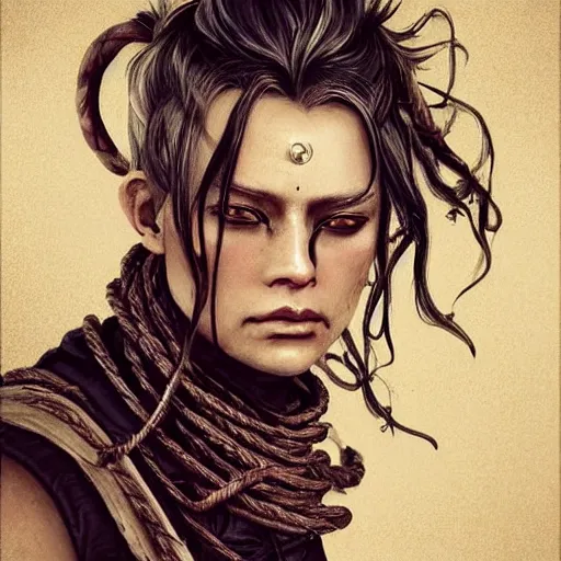 Image similar to portrait of a Shibari rope wrapped face and neck, headshot, insanely nice professional hair style, dramatic hair color, digital painting, of a old 15th century, old cyborg merchant, amber jewels, baroque, ornate clothing, scifi, realistic, hyperdetailed, chiaroscuro, concept art, art by Franz Hals and Jon Foster and Ayami Kojima and Amano and Karol Bak,