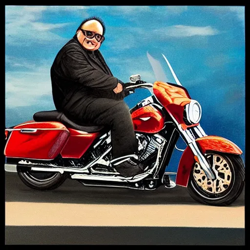 Image similar to danny devito riding a large harley davidson, hyperrealism, lens glare, trending on artstation, intricate, 8 k