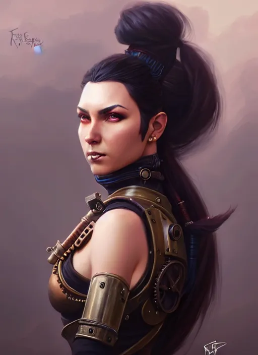 Image similar to a _ fantasy _ style _ portrait _ painting _ of steampunk woman, ponytail black hair, round face, rpg dnd oil _ painting _ unreal _ 5 _ daz. _ rpg _ portrait _ extremely _ detailed _ artgerm _ greg _ rutkowski _ greg