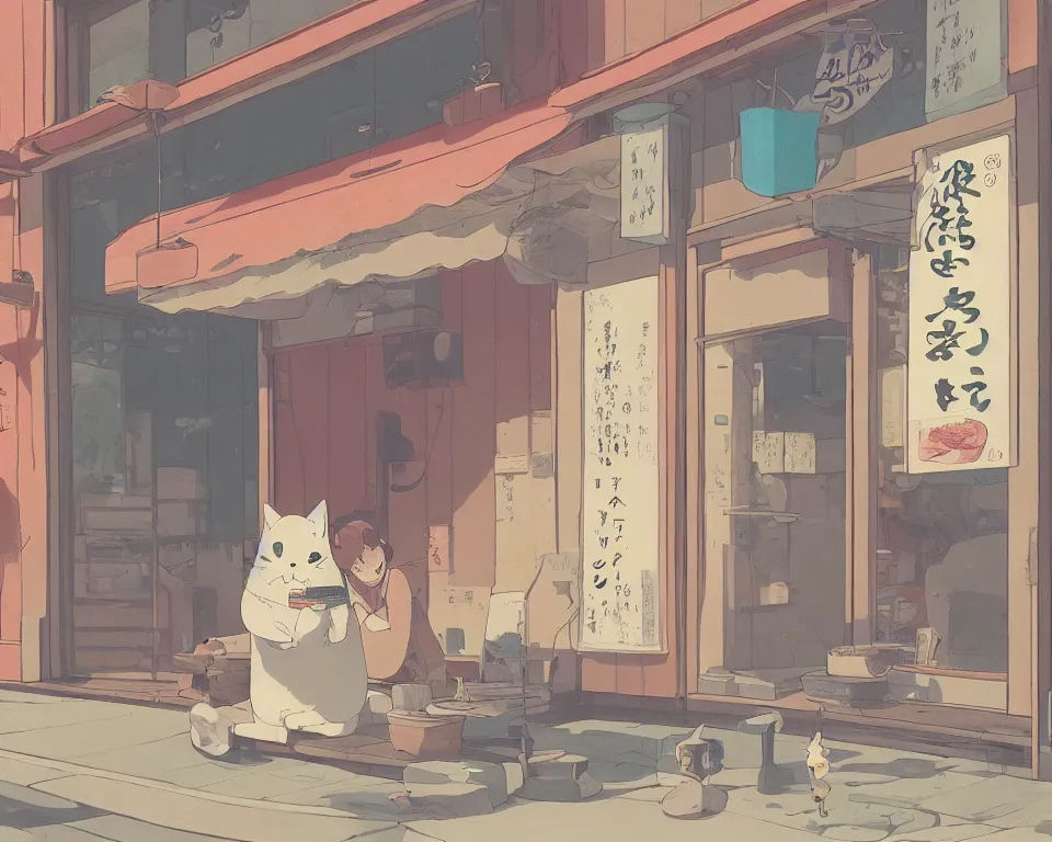 Prompt: beautiful illustration of a lazy cat siting in front of a small shop front in kyoto on a fine summers day, anime manga style, aesthetic, cory loftis, james gilleard, atey ghailan, makoto shinkai, goro fujita, studio ghibli, makoto shinkai