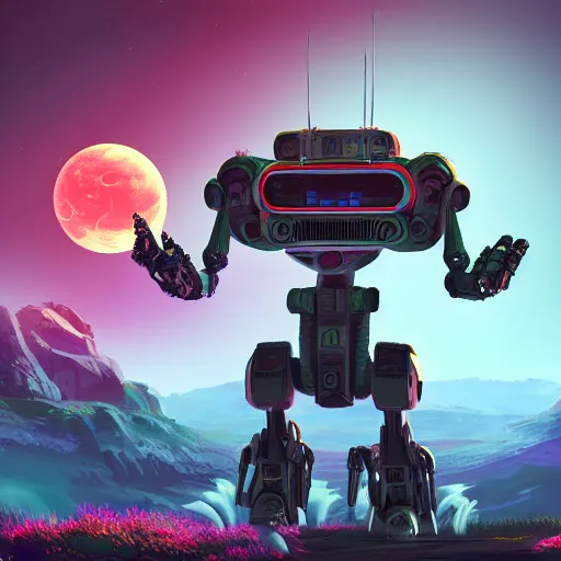 Image similar to corrupted robot sentinel enjoying picking up flower on infested planet, no man's sky, 4 k, digital art, concept art