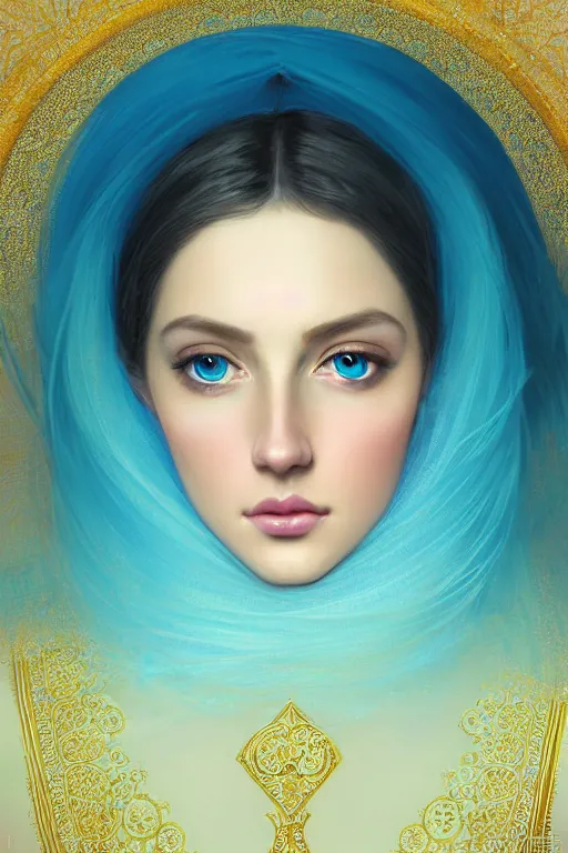 Prompt: portrait of an arabian princess, fantasy, gradient yellow cyan blue, dreamy and ethereal, blue eyes, golden ratio, peaceful expression, ornate frilly dress, fantasy, intricate, elegant, rainbow bubbles, highly detailed, digital painting, artstation, concept art, smooth, b sharp focus, illustration, art by artgerm and greg rutkowski and alphonse mucha