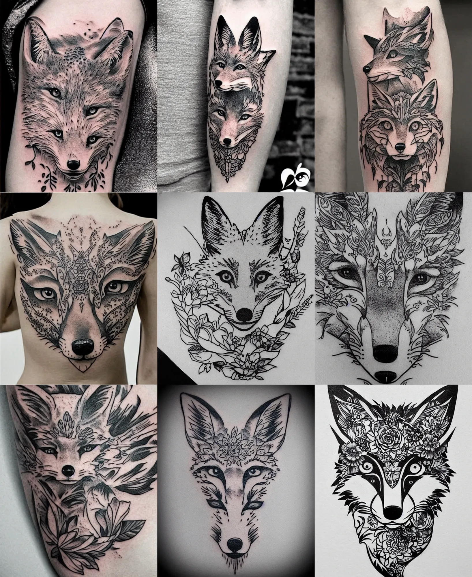 Prompt: amazing detailed tattoo stencil of a floral realistic fox