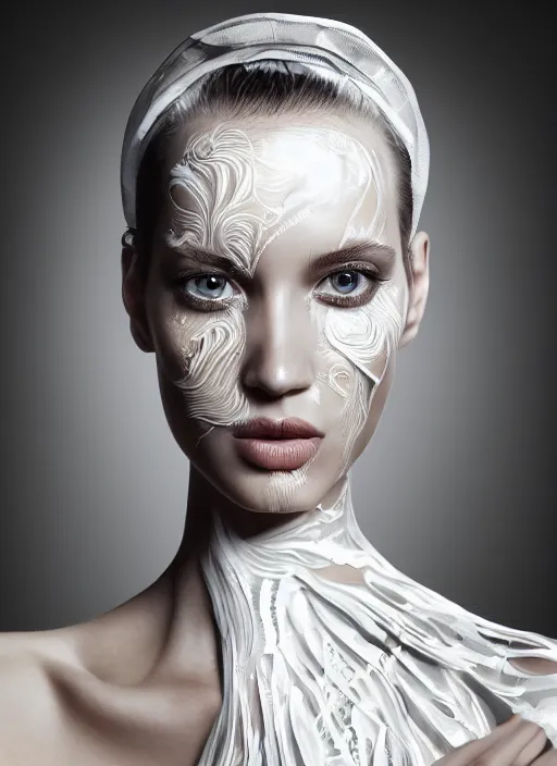 Prompt: a happy nubile young woman with reflections in her eyes and slicked hair, painted with intricate white paint pattern, asymmetrical, clear skin, futuristic, elegant, graceful, fashionable, cinematic, hyperdetailed illustration by irakli nadar and alexandre ferra, depth of field, global illumination,