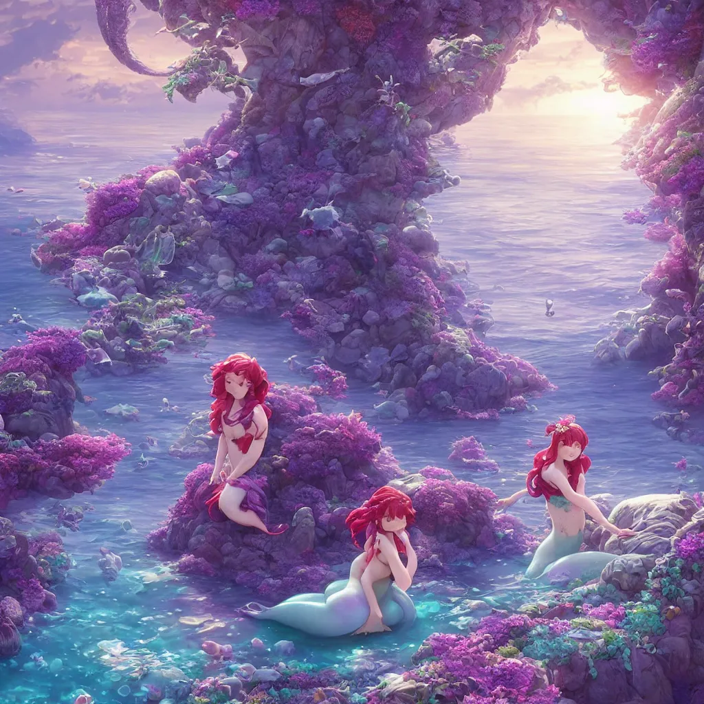 Prompt: a little mermaid in a purple dress singing in the colorful ocean, correct human body and perspective, pearls and shells, fantasy art by ferdinand knab, makoto shinkai and ilya kuvshinov, rossdraws, tom bagshaw, trending onstudio ghibli, radiant light, highly detailed, octane render, 8 k
