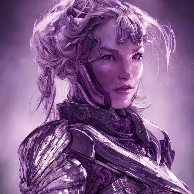 Image similar to close facial portrait of a pale woman in sci - fi armor with a flowing purple, elegant, stoic, intense, ultrafine hyperdetailed illustration by kim jung gi, irakli nadar, intricate linework, sharp focus, bright colors, octopath traveler, final fantasy, hearthstone, highly rendered, global illumination, radiant light, detailed, intricate environment