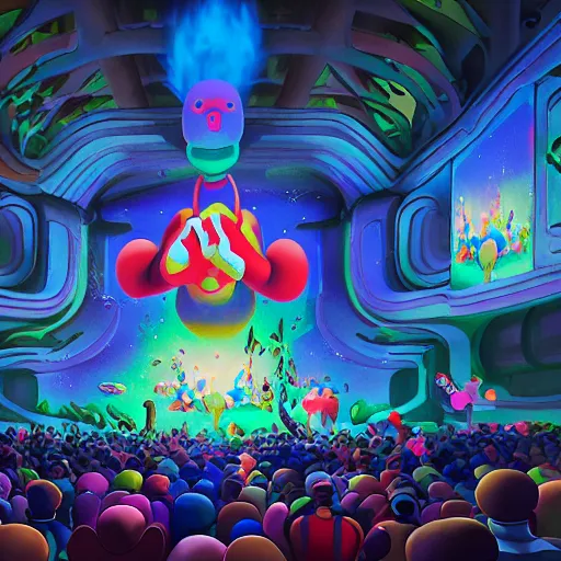 Prompt: animated film festival, giant cameras, psychadelic cameras and projectors, projection screens, metaverse crowds, 3 d render, in the style of kaws and peter mohrbacher