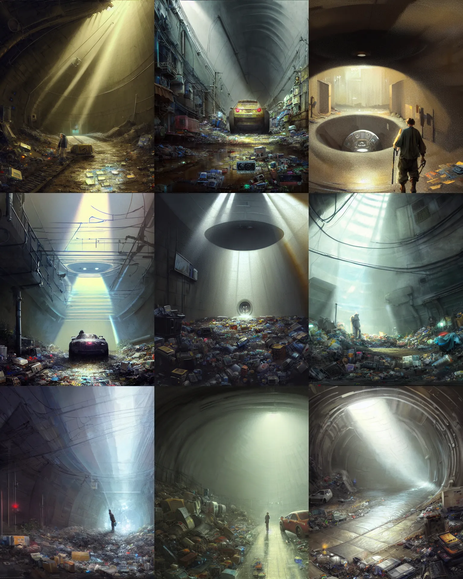 Prompt: craig mullins and ghibli and james gurney detailed digital painting of someone in a very large underground storm sewer, a massive mountain of electronics as trash in the underground storm sewer, sharp sunray lighting, cinematic shot, very detailed, maximalism, unreal engine, hyper realism, realistic shading, cinematic composition, blender render, octane render, very wide shot, 1 6 mm lens