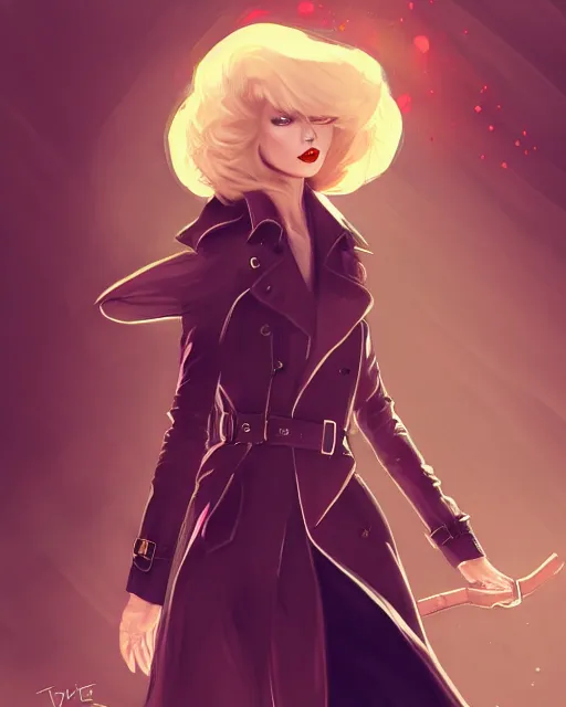 Image similar to taylor swift wearing fashionable trench coat, jesper ejsing, artgerm, petros afshar, tom whalen