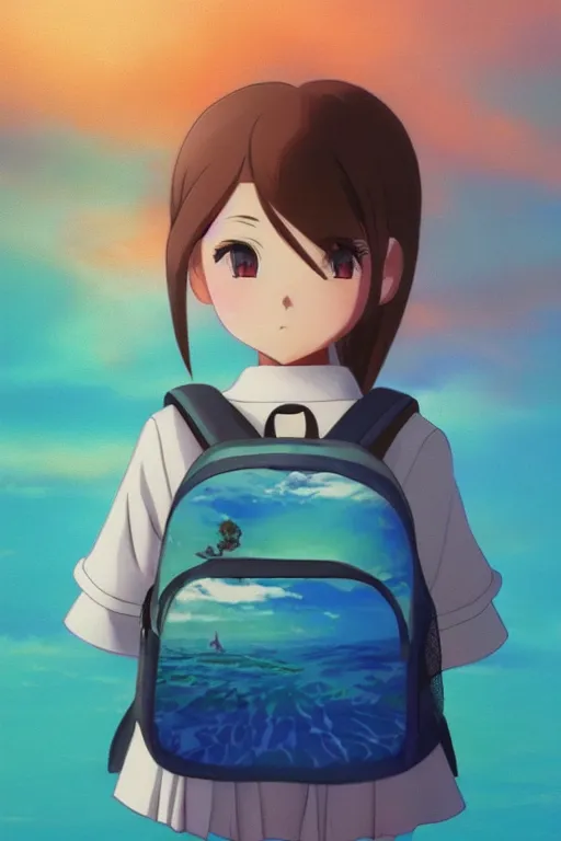 Prompt: 3d infrared render portrait of beauty 3d anime lofi schoolgirl school uniform japanese underwater school sunrise. school backpack on the back. blue water dispersion. dramatic light, trending on artstation, art by hiro kiyohara and hayao miyazaki oil painting