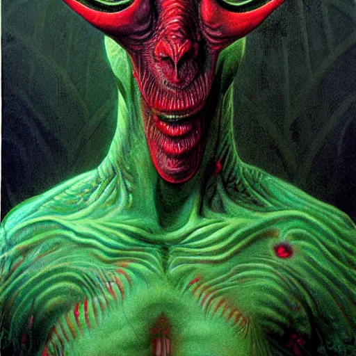 Image similar to realistic alien, medium shot portrait, devil horns,,!!!!! human eyes!!!!!!, green body. red eyes, background flames, by wayne barlowe