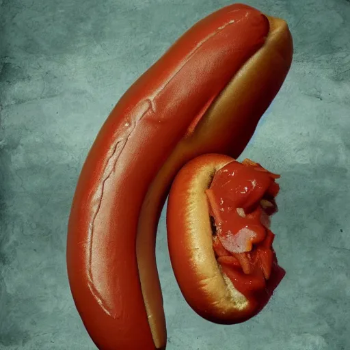 Image similar to a hot dog with legs, surreal, dreamlike