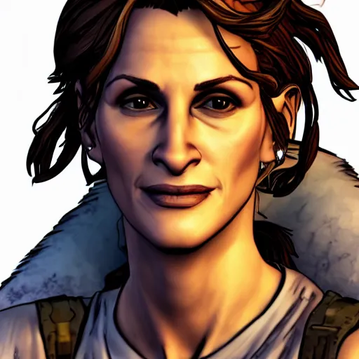 Image similar to julia roberts portrait, borderlands, tales from the borderlands, the wolf among us, comic, cinematic lighting, studio quality, 8 k