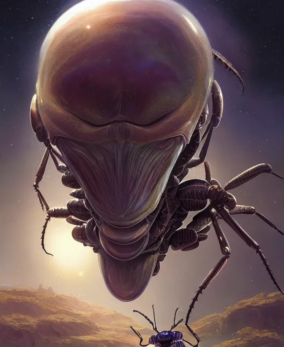 Image similar to portrait of a alien insect, adorable, childlike, milky way environment, ultra realistic, concept art, intricate details, cheerful, highly detailed, photorealistic, octane render, 8 k, unreal engine. art by christopher marley and artgerm and greg rutkowski and alphonse mucha