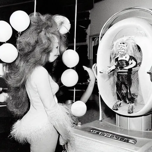 Prompt: highly detailed 1970s romantic movie scene photograph, of a woman entering a machine. The machine has a plastic dolls head. A man dressed in a monster costume, watches shocked from beside her. There is candy floss flowing everywhere and abstract animal balloons