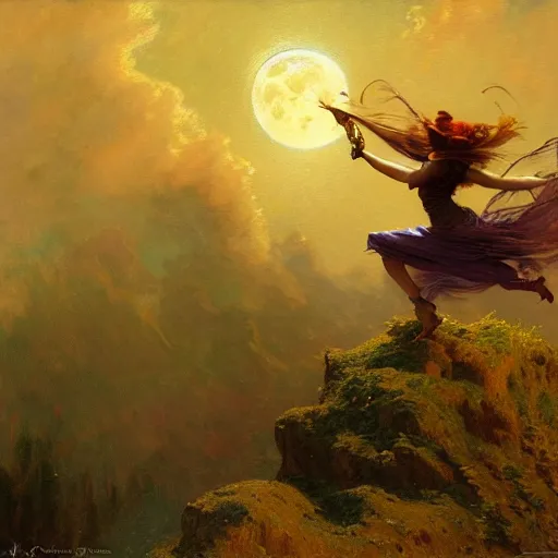 Image similar to witch flying, trough the night, fantasy, full moon in background. highly detailed painting by gaston bussiere, craig mullins, j. c. leyendecker 8 k