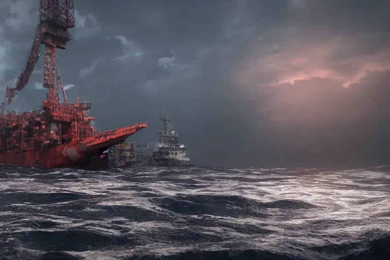 Prompt: a mutated oilrig, littered with debris from containerships in a roaring ocean at the first light of dawn. Octane render. Kitbashing. HD. Ultra detailed.