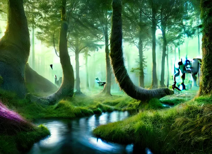 Prompt: hyperrealism, detailed textures, photorealistic 3 d render, a surreal mystical forest with a bright winding creek with a herd of wooly mammoths grazing, ultra realistic cinematic, intricate, cinematic light, concept art, illustration, art station, unreal engine