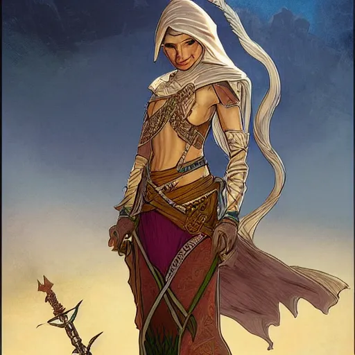 Image similar to Emeth the elven desert bandit. Arabian style. Epic portrait by james gurney and Alfonso mucha (lotr, witcher 3, dnd, dragon age, gladiator, scoia'tael).