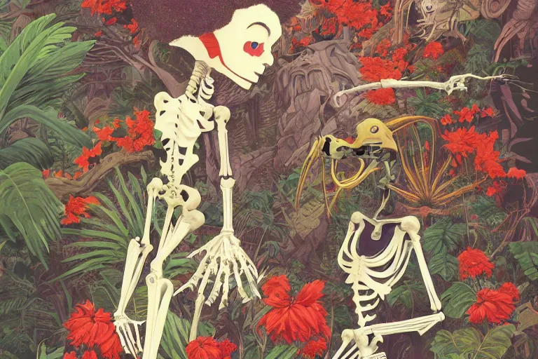 Image similar to 2 d gouache illustration, a lot of exotic vegetation, trees, tremendous skeletal robotic ancient gigantic cat, flowers, oldschool vintage sci - fi flat surreal design, super - detailed, painting by satoshi kon, hd, 4 k, high quality