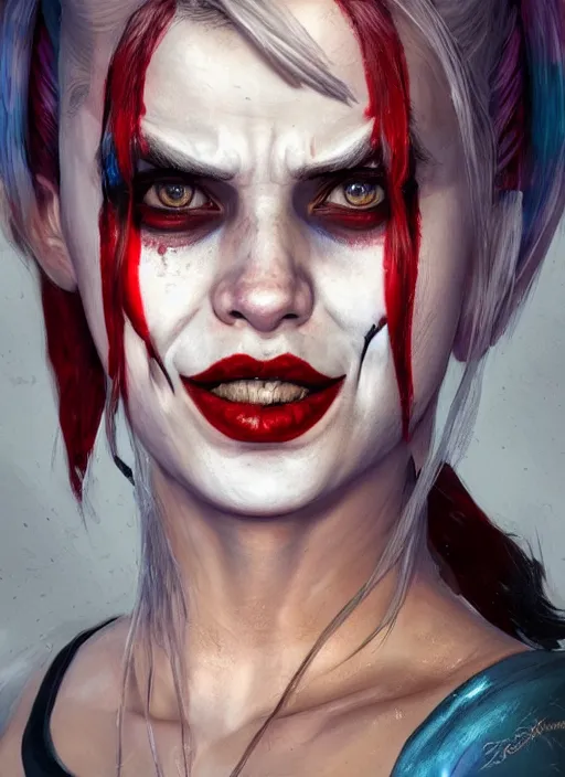 Image similar to portrait of harley quinn, au naturel, hyper detailed, digital art, trending in artstation, cinematic lighting, studio quality, smooth render, unreal engine 5 rendered, octane rendered, art style by klimt and nixeu and ian sprigger and wlop and krenz cushart