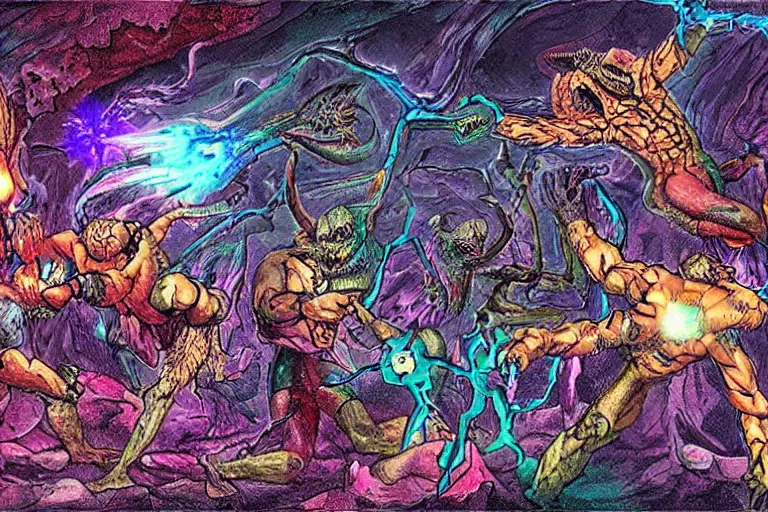 Prompt: Demons Fighting over Time Crystals in the Caves, psychedelic, dire, horrifying, hyperrealistic