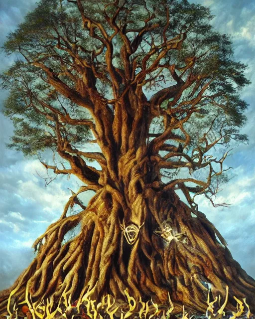 Image similar to satanic masked ritual, large ancient tree, ultra high definition, hyperrealism, masterpiece 8 k, oil painting