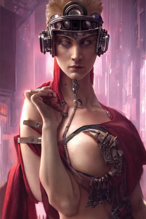 Image similar to A film still of a cyberpunk woman as a Roman Caesar, highly detailed, digital painting, artstation, concept art, sharp focus, illustration, cinematic lighting, art by artgerm and greg rutkowski and alphonse mucha diffuse lighting, fantasy, intricate, elegant, highly detailed, lifelike, photorealistic, digital painting, artstation, illustration, concept art, smooth, sharp focus, art by John Collier and Albert Aublet and Krenz Cushart and Artem Demura and Alphonse Mucha