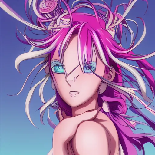 Image similar to stunningly beautiful omnipotent megalomaniacal anime goddess with porcelain skin, pink hair and mesmerizing cyan eyes, symmetrical perfect face smiling in a mischievous haughty way, mid view, hyperdetailed, 2 d, 8 k